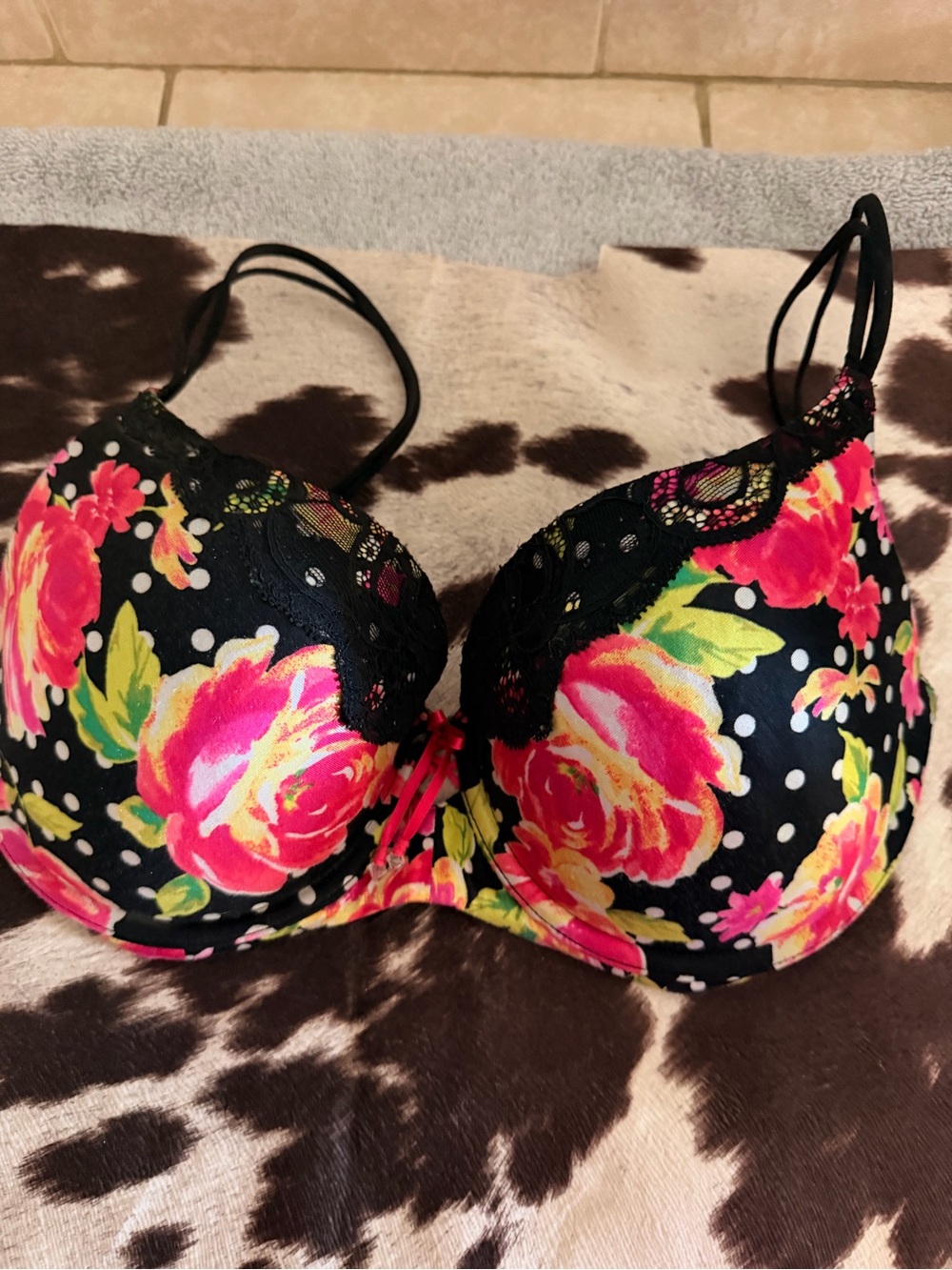 Victoria's Secret Black Bra with Bright Pink Rose Print